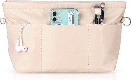 Handtas-organizer, tasorganizer, nylon met sleutelhanger, binnenzakken, waterdicht, voor handtassen, organizer, beige