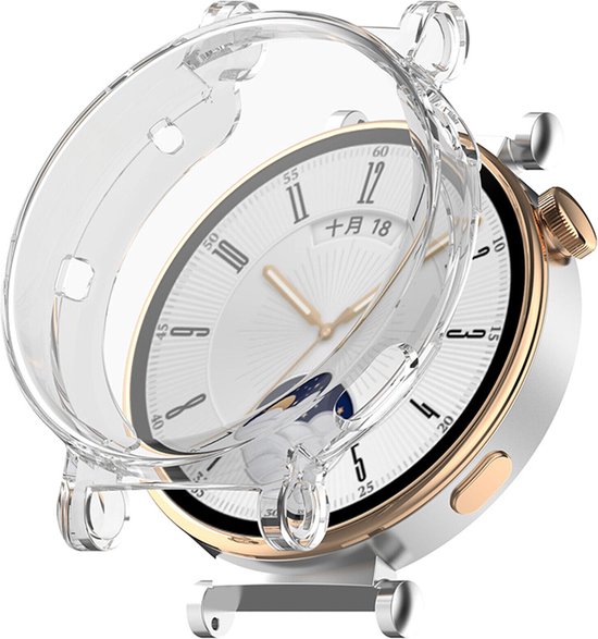Transparant TPU hoesje om een Huawei Watch GT 4 (41mm) met witte wijzerplaat en gouden rand.