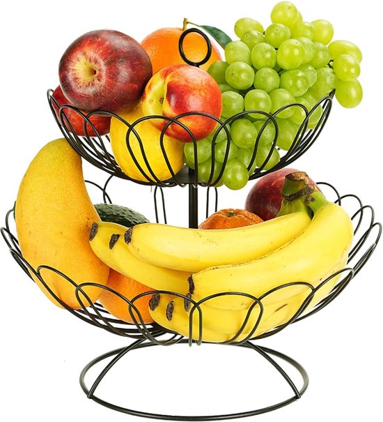 BOPHIS Panier à Fruits 2 Niveaux En Acier Inoxydable – Corbeille à Fruits Et Légumes Détachable, Design Élégant Noir Mat – Idéal Cuisine, Bureau & Décoration