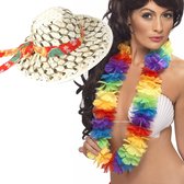 Ensemble de costumes de party hawaïenne pour femmes - Chapeau de paille des Caraïbes - Couronne de fleurs en mélange de couleurs - Toppers Tropical