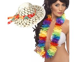 Hawaii party verkleedset dames - Carribbean strohoed - bloemenkrans in kleurenmix - Tropical toppers