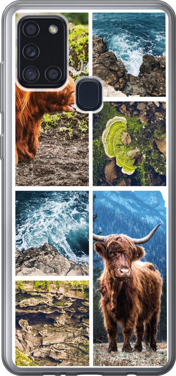 Telefoonhoesje Geschikt voor Samsung Galaxy A21s hoesje - Schotse hooglander - Natuur - Collage - Siliconen Telefoonhoesje Telefoonhoesje