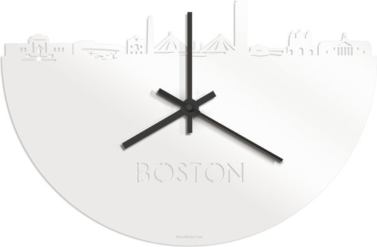 Skyline Klok Boston Wit Glanzend - Ø 40 cm - Stil uurwerk - Wanddecoratie - Meer steden beschikbaar - Woonkamer idee - Woondecoratie - City Art - Steden kunst - Cadeau voor hem - Cadeau voor haar - Jubileum - Trouwerij - Housewarming - WoodWideCities