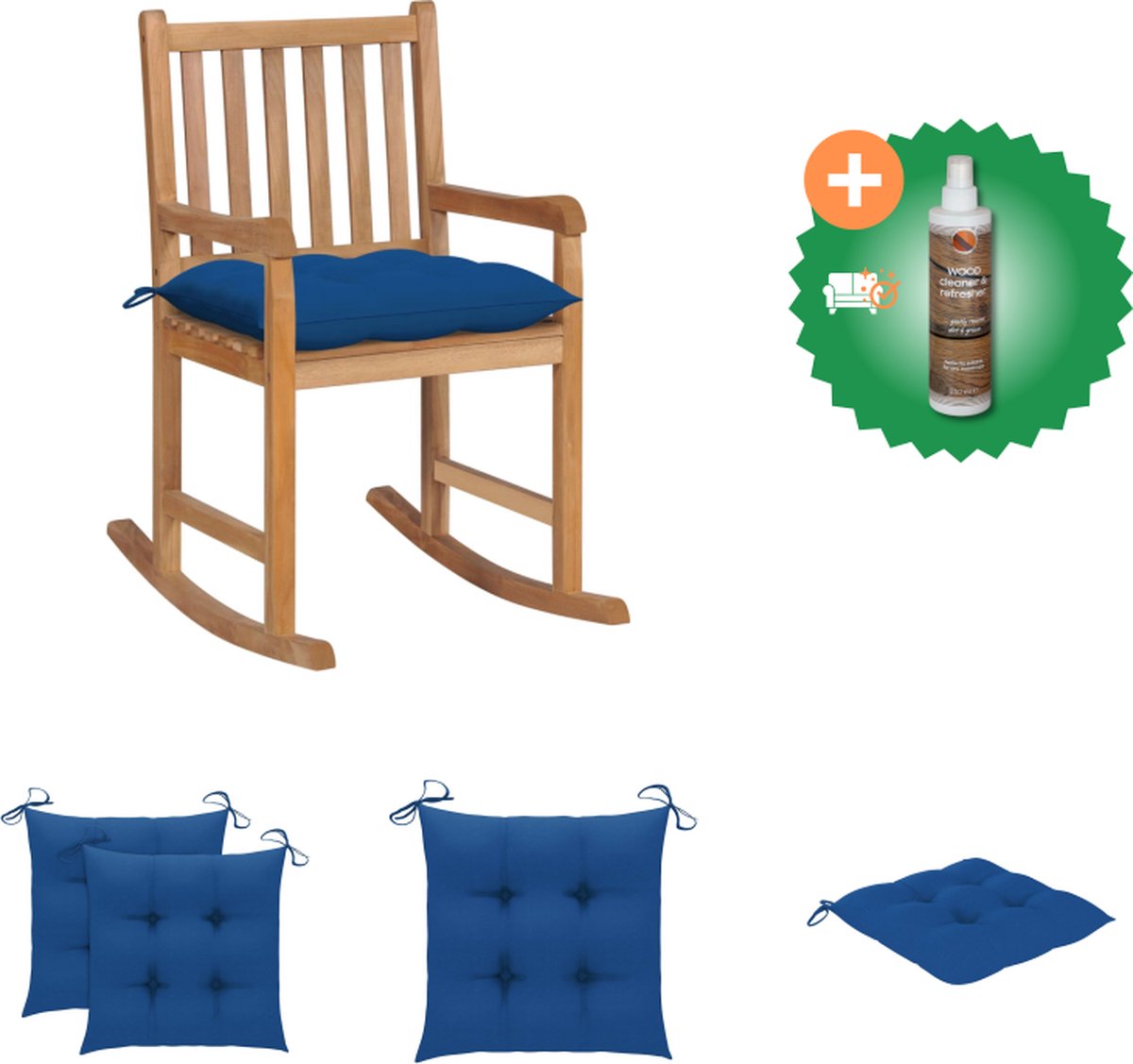 VidaXL Schommelstoel Teakhout 58 x 92.5 x 106 cm Blauw kussen Tuinstoel Inclusief Houtreiniger en verfrisser