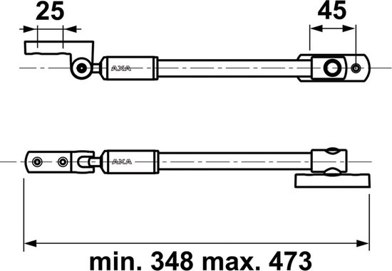 Technische tekening van raamuitzetter met afmetingen 25 mm en 45 mm, en een lengte van minimaal 348 mm tot maximaal 473 mm.