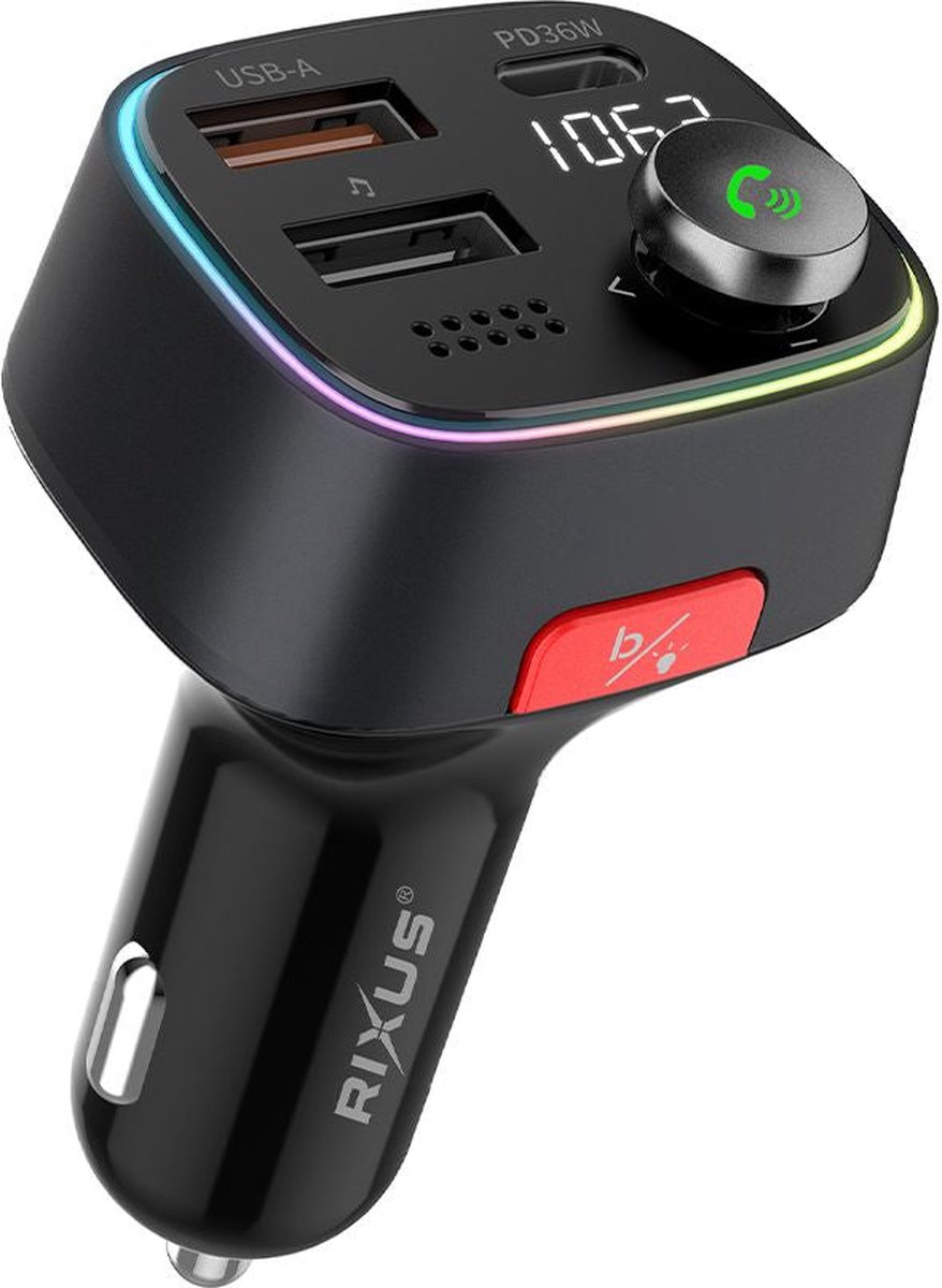 Rixus - Bluetooth FM Transmitter - Autolader -USB-A en USB-C, Bluetooth Carkit - zwart - rxbt28