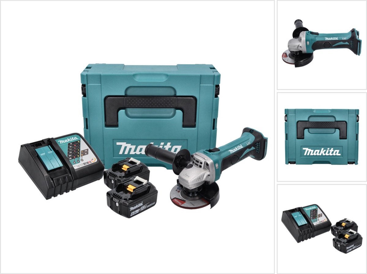 Makita DGA 452 RGJ accu haakse slijper 18 V 115 mm + 2x accu 6,0 Ah + oplader + Makpac