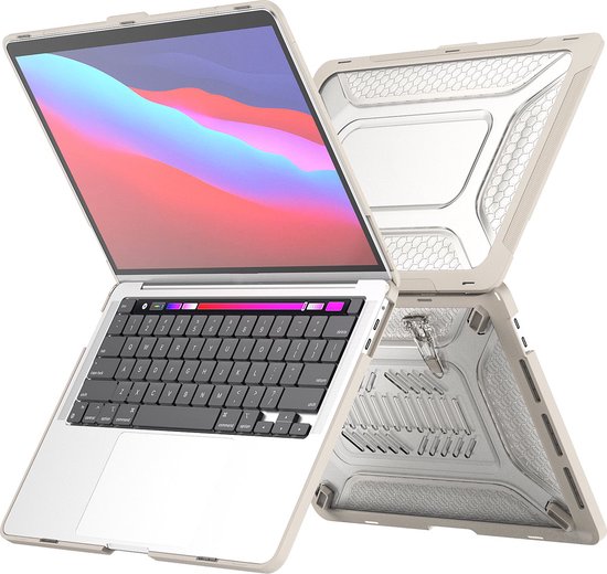 Étui beige pour MacBook Pro 13 pouces ouvert, révélant le clavier et l'intérieur.