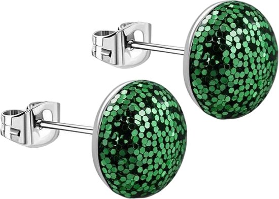 Aramat Jewels - Glitter Serie - Oorknopjes - Staal - Groen - Zilverkleurig - 8mm - Schitterende Oorbellen - Trendy Accessoire - Dames - Cadeau tip - Feestdagen