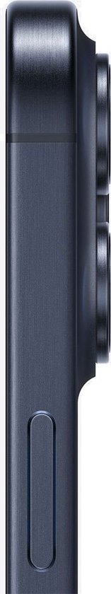 Zijaanzicht van de donkerblauwe iPhone 15 Pro, met focus op de geborstelde metalen rand.