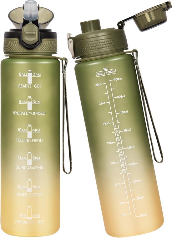 GXCROR Drinkfles, 1 l, BPA-vrij, waterfles met rietje, sportfles, met motiverende tijdmarkering, lekvrije sportfles, ideaal voor sportschool, school, kantoor en buiten, blauw-groen