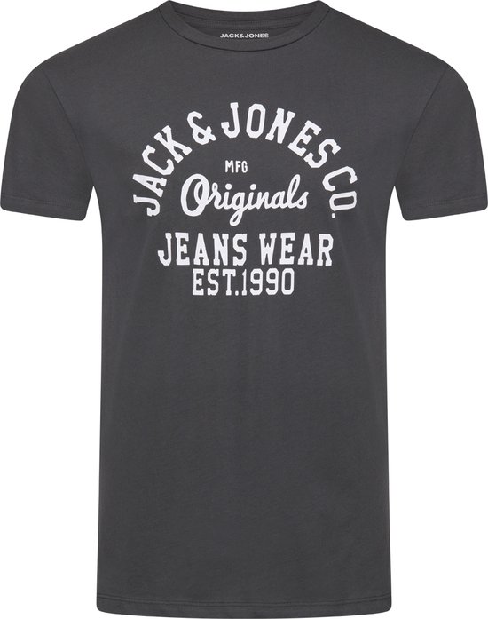 Donkergrijs T-shirt met ronde hals en een witte sierlijke opdruk "Jack & Jones Originals Jeans Wear Est.1990"