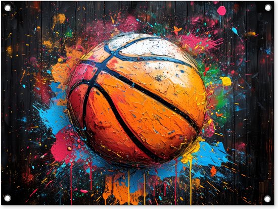 Tuinposter 80x60 cm - Tuindecoratie - Graffiti - Basketbal - Verf - Sport - Street art - Poster voor in de tuin - Buiten decoratie - Schutting tuinschilderij - Muurdecoratie - Buitenschilderijen - Tuindoek - Buitenposter..