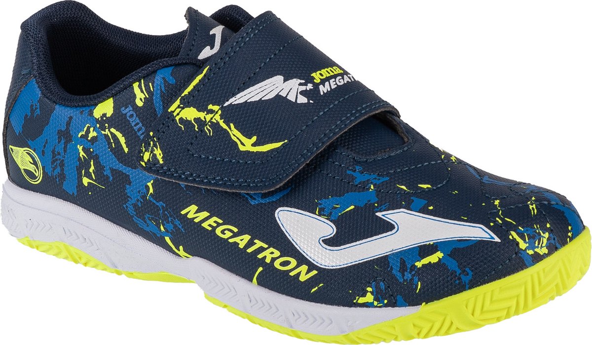 Marineblauwe Joma Megatron Jr. indoorschoenen voor jongens, maat 24, met klittenbandsluiting en kleurrijke details.
