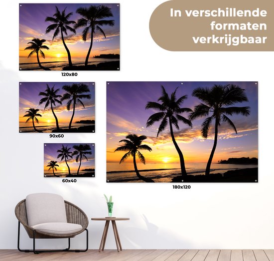 Affiche de jardin - Toile de jardin - Posters de jardin extérieur - Plage - Coucher de soleil - Palmiers - Tropical - 120x80 cm - Jardin
