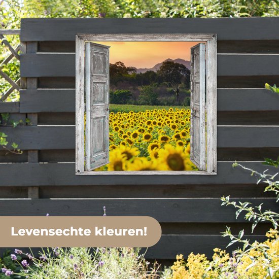 Tuinposter - hoogte 202 - breedte 250 cm - doorkijk bloemen en zee - alleen omzomen aan alle zijden
