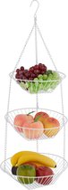 hangende fruitmand, HxØ: 73 x 28 cm, 3 lagen, staal, draadmand voor fruit & groente, fruitschaal etagère, wit