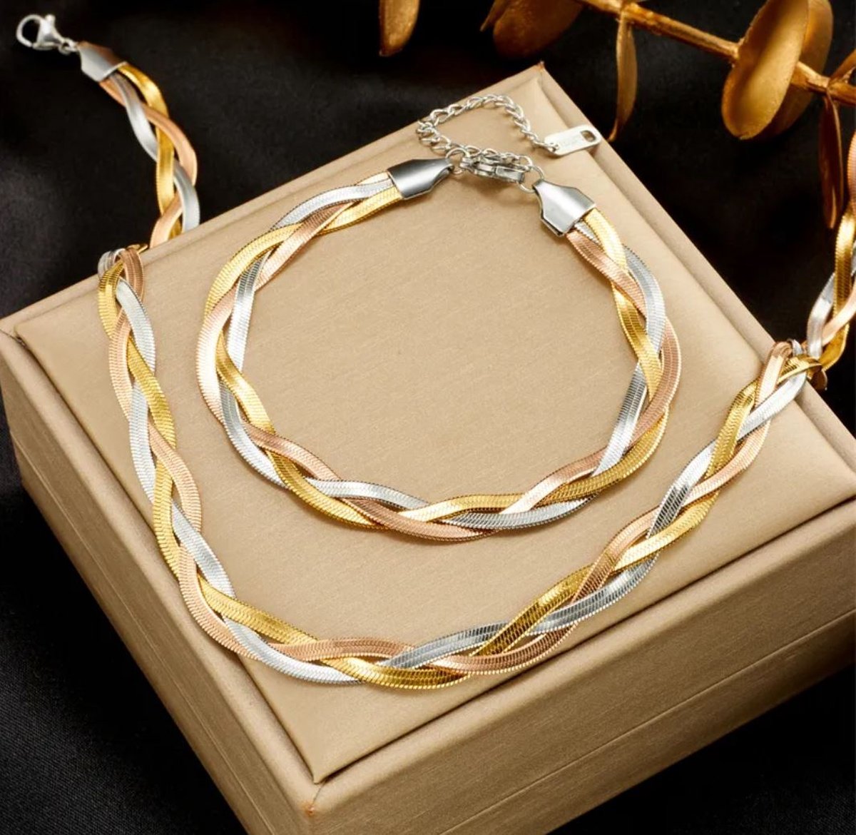 RVS ketting + armband 3-kleurig roestvrijstaal