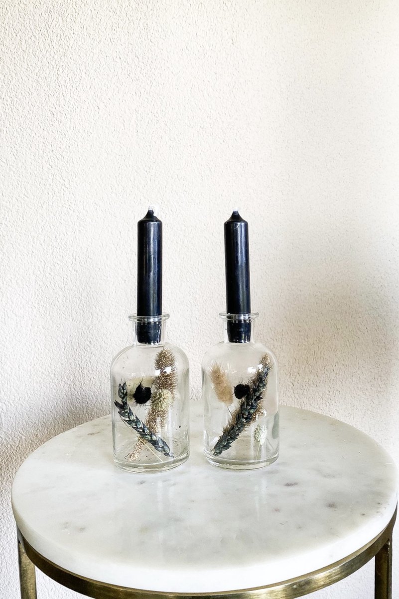 Vaasjes met droogbloemen en kaarsjes – Kleur kaars - zwarte kaarsen - Zwart – 2 stuks - Kaarsen met droogbloemen - Cadeau - Huis decoratie - La Florista