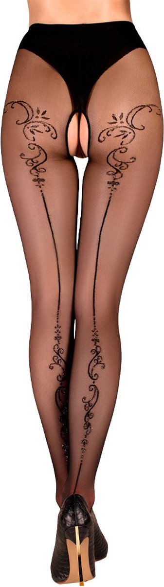 Goedkoopste Ballerina - Open Kruis Panty - Flower Scrolls - 20 denier - Zwart - L/XL