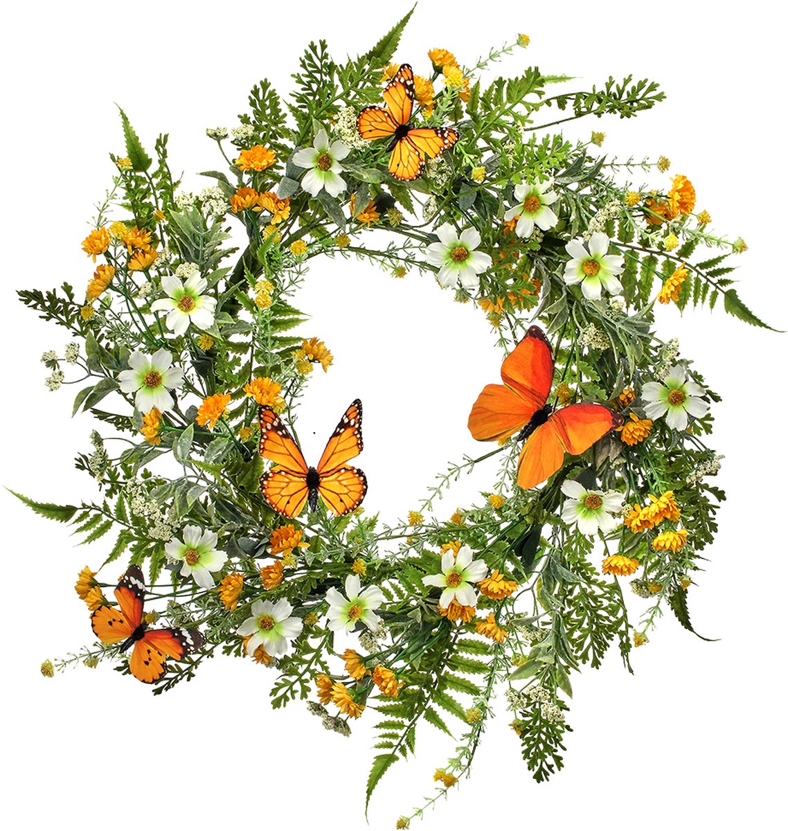 Viv! Home Luxuries Krans Bloemen - Madeliefjes met Vlinders - geel oranje wit groen - Ø55cm