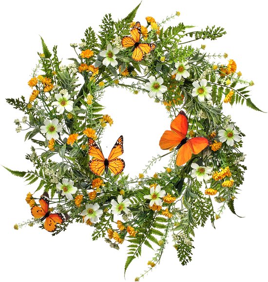Viv! Home Luxes Couronne de Fleurs - Marguerites avec Papillons - jaune orange blanc vert - Ø55cm