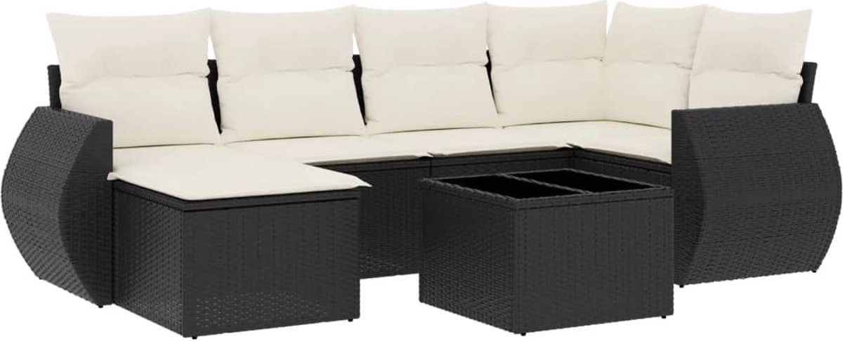 vidaXL 7-delige - Loungeset - met - kussens - poly - rattan - zwart