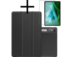 Hoes - Geschikt voor Lenovo Tab P12 - Met Screenprotector - Trifold Bookcase - Hard Cover Case - Met Uitsparing Geschikt voor Lenovo Pen - Hardcover Book - Tablet Hoesje - Zwart