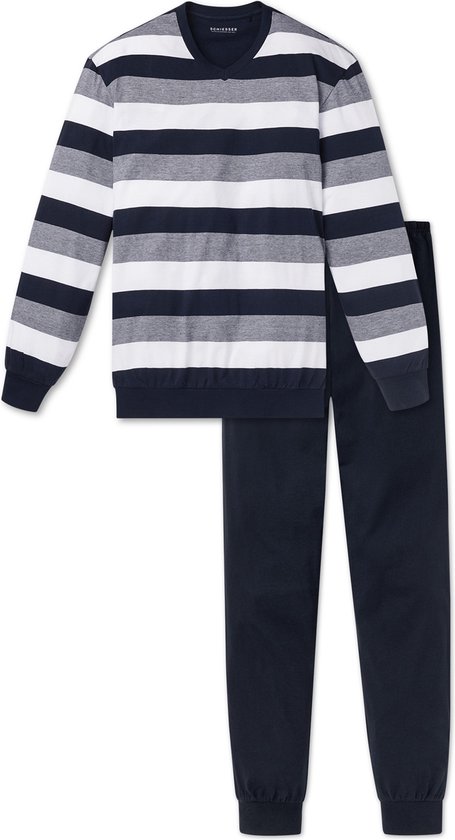SCHIESSER heren pyjama - V-hals - blauw met wit en grijs gestreept -  Maat: