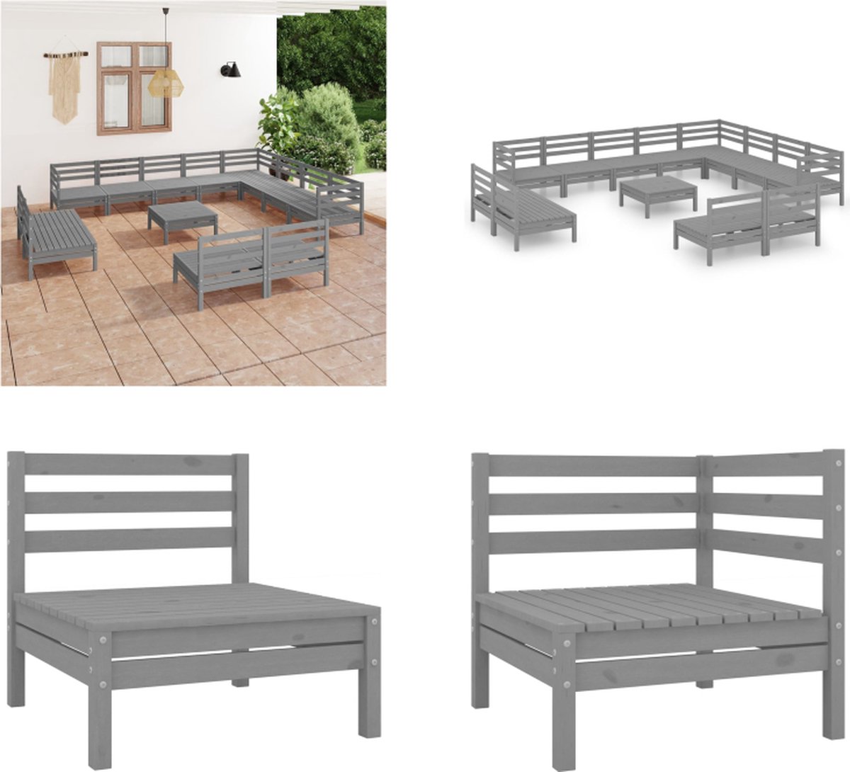 VidaXL 13-delige Loungeset massief grenenhout grijs Pallet Loungeset Pallet Loungesets Pallet Loungebank Loungeset