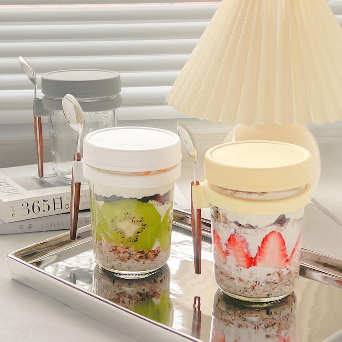 Verre Tasse Pot De Yaourt Avec Marques De Mesure, 2Pcs Bocaux D'Avoine Du Jour Au Lendemain Avec Couvercle Et Cuillère - Maison