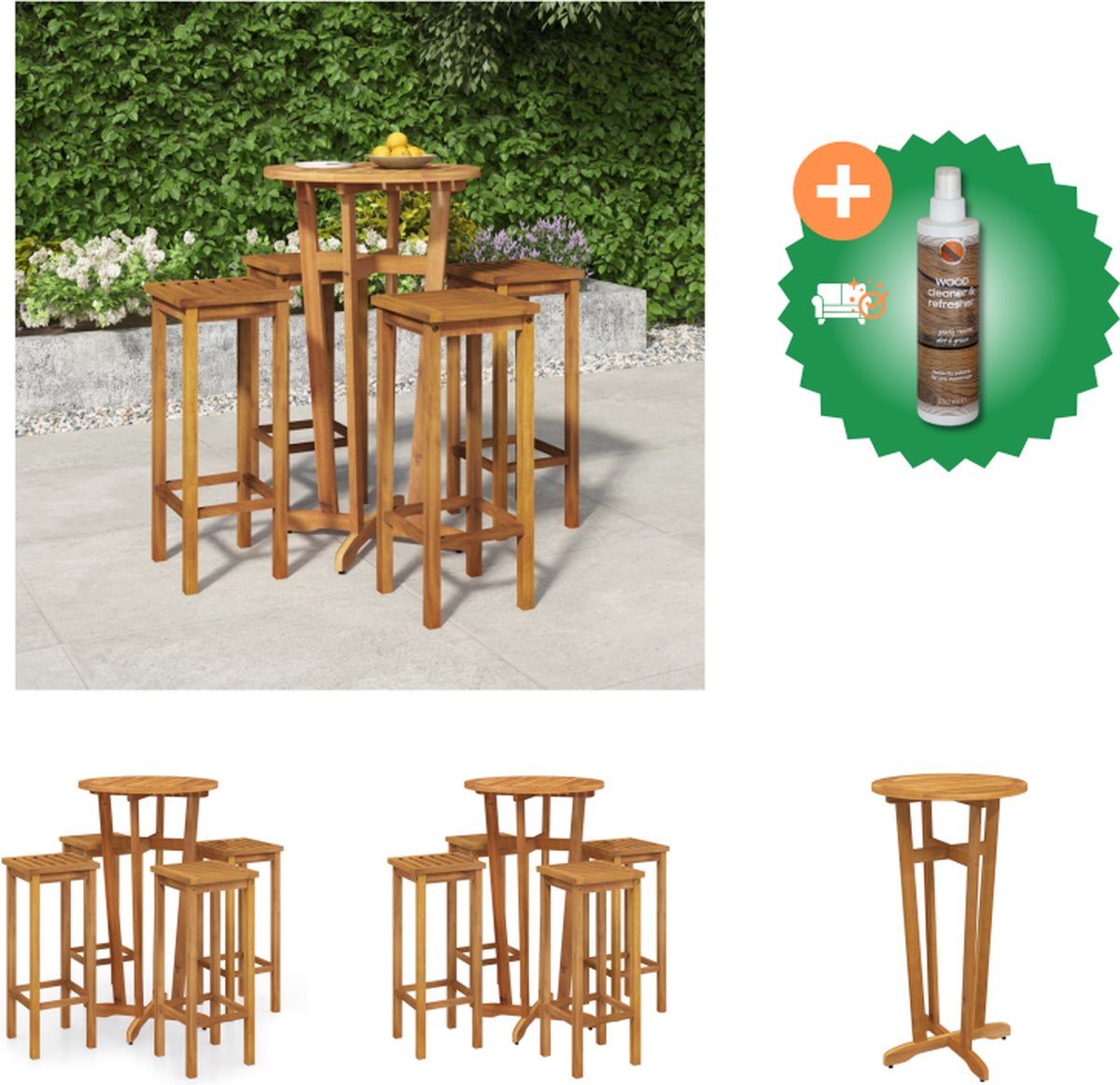 VidaXL 5 delige Eethoek massief acaciahout Tuinset Inclusief Houtreiniger en verfrisser