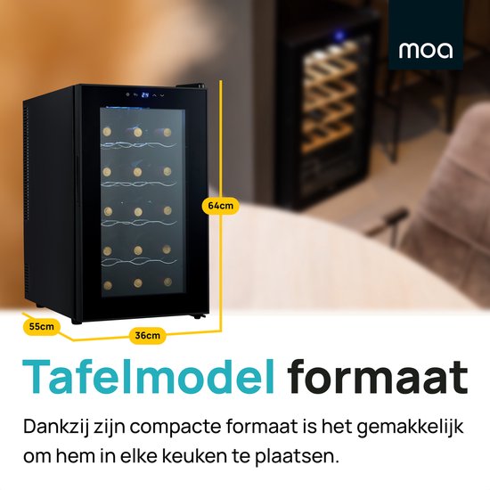 Zwarte MOA wijnkoelkast, tafelmodel, 55cm breed, 64cm hoog, 36cm diep, met glazen deur.