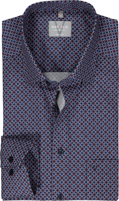 MARVELIS comfort fit overhemd - popeline - donkerblauw met rood - wit en lichtblauw dessin - Strijkvrij - Boordmaat: 41
