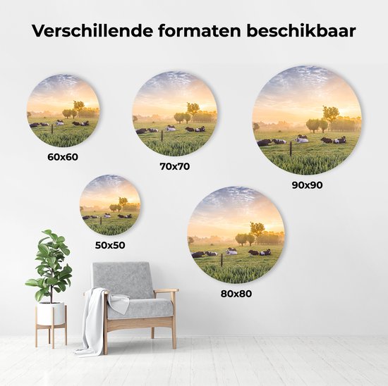 Artaza Forex Muurcirkel Koeien In De Wei Tijdens Zonsopgang - 70x70 cm - Wandcirkel - Rond Schilderij - Wanddecoratie Cirkel - Muurdecoratie