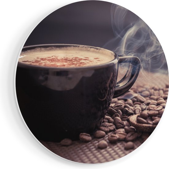Artaza Forex Wall Circle Tasse à Café chaud avec Grains de café - 80x80 cm - Groot - Cercle mural - Peinture ronde - Cercle de Décoration murale
