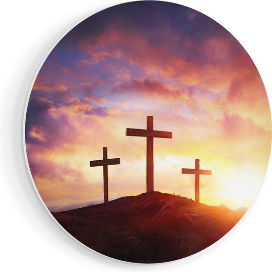 Artaza Muurcirkel - Kruisiging van Jezus Christus - Drie Kruisen - Wandcirkel - Rond Schilderij