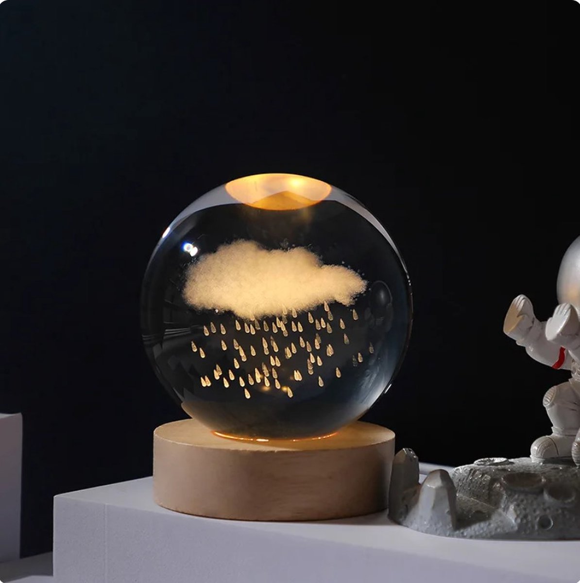 3D Kristallen glazen Bol - Hout - LED - Tafellamp - Lamp wolk - cloudlamp - Nachtlampje - Cadeau voor hem / haar - Wolk + regen