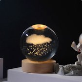 JouwBeer - Boule de verre Cristal 3D - Bois - LED - Lampe de table - Lampe nuage - lampe nuage - Veilleuse - Cadeau pour lui/elle - Nuage + pluie