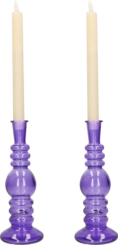 Kaarsen kandelaar Florence - 2x - paars glas - helder - D8,5 x H23 cm