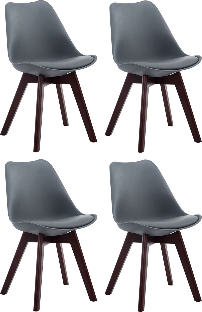 CLP Borneo Set van 4 eetkamerstoelen - Zonder armleuning - Hout frame - Kunstleer - grijs walnoot