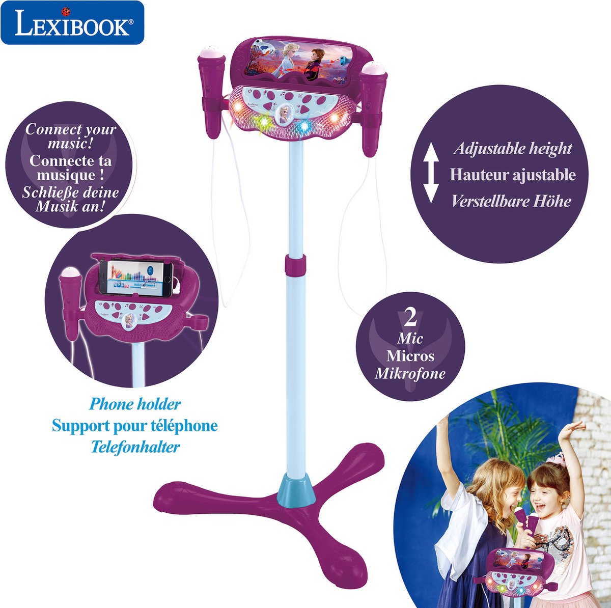 Frozen Verstelbare Standaard met 2 Microfoons met Stemeffecten, Verlichting, Luidspreker, Bluetooth