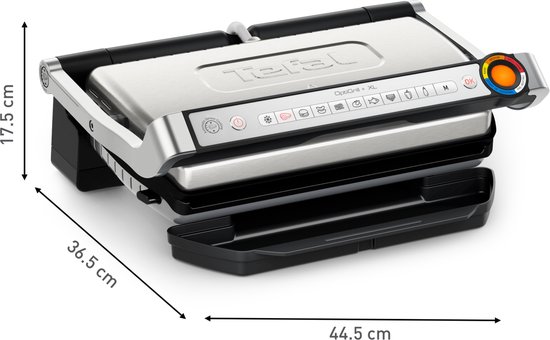 Gesloten Tefal contactgrill met afmetingen: 17,5 cm hoog, 36,5 cm diep en 44,5 cm breed.