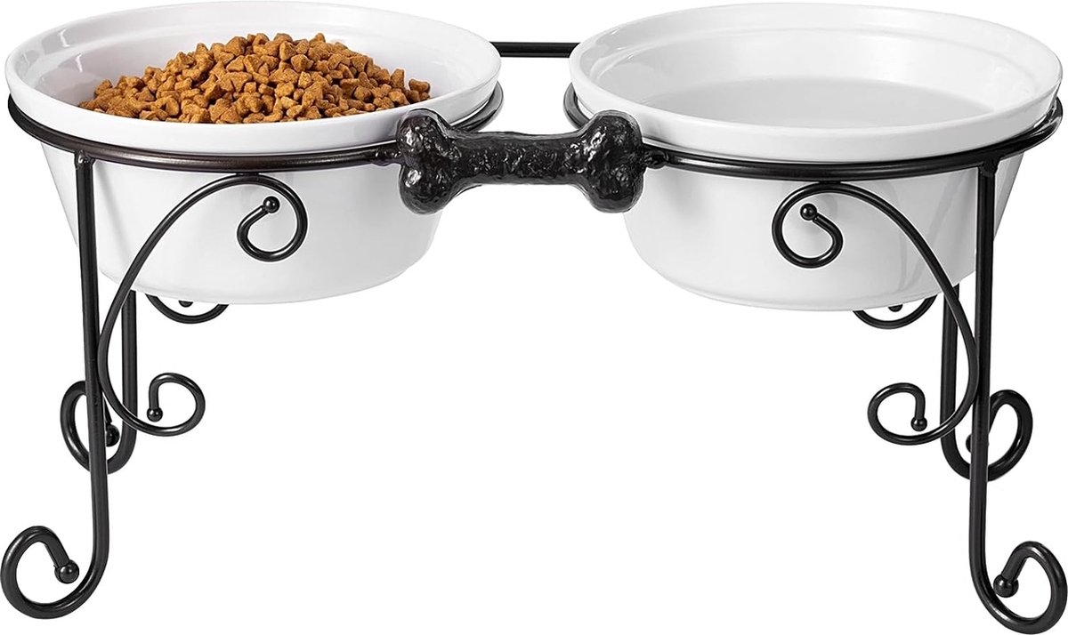 Hondenbak, keramiek, dubbele hondenvoerbak, verhoogde hondenbar voor middelgrote en grote honden, hondenvoederstation met 2 x 2400 ml premium hondenbak, keramiek (groot, wit)