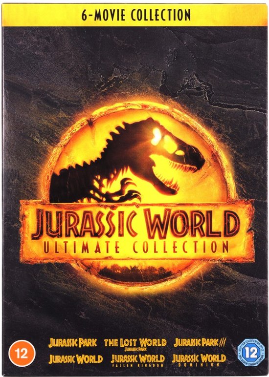 Voorzijde van de Jurassic World Ultimate Collection 6-movie dvd boxset met een T-Rex hoofd.