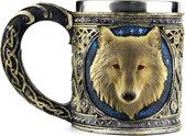 Ezeso Wolf mok voor thee, wijn wolf mok, bier wolf reisbeker, roestvrij staal beker draak, roestvrij staal en hars, roestvrij staal kunsthars, wolvenbeker (440 ml)