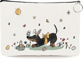 Teckel - etui - toilettas - make-up tas - tas - linnen - wit - hond - 25x17cm - pasen - paashaas - paasteckel - tuin