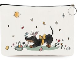 Teckel - etui - toilettas - make-up tas - tas - linnen - wit - hond - 25x17cm - pasen - paashaas - paasteckel - tuin