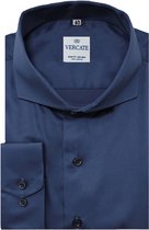 Vercate - Strijkvrij Overhemd - Navy - Marine Blauw - Slim Fit - Katoen Satijn - Lange Mouw - Heren - Maat 42/L