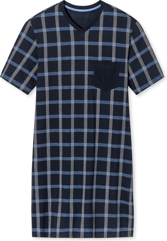 SCHIESSER Comfort Nightwear nachthemd - heren nachthemd korte mouw organic cotton V-hals borstzak nachtblauw geruit - Maat: 3XL